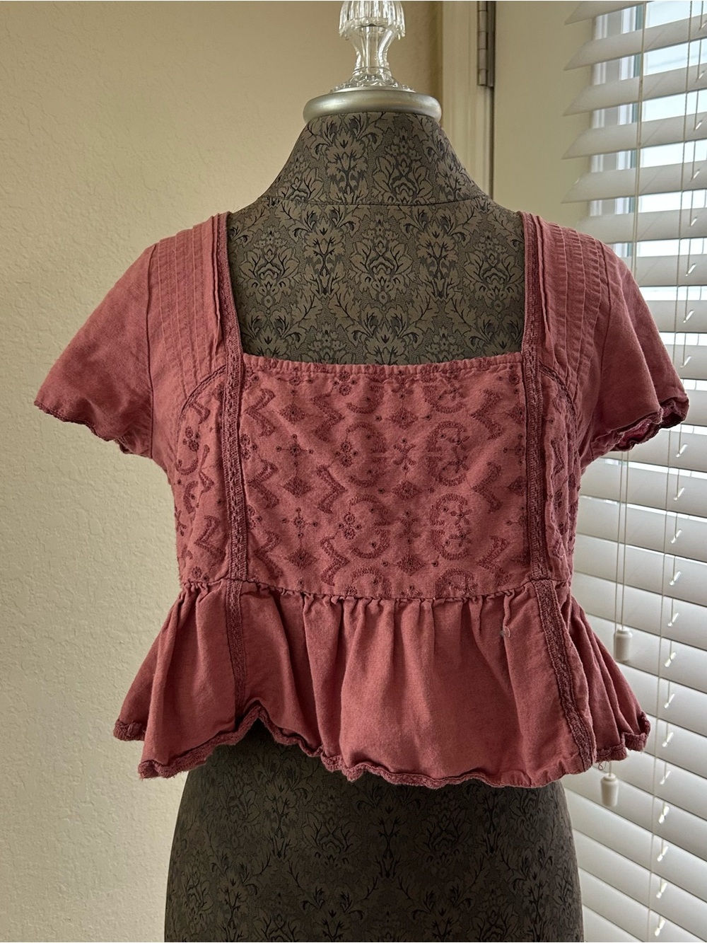 American Eagle Outfitters Dusty Rose Cotton/Linen Embroidered Peplum Crop Top